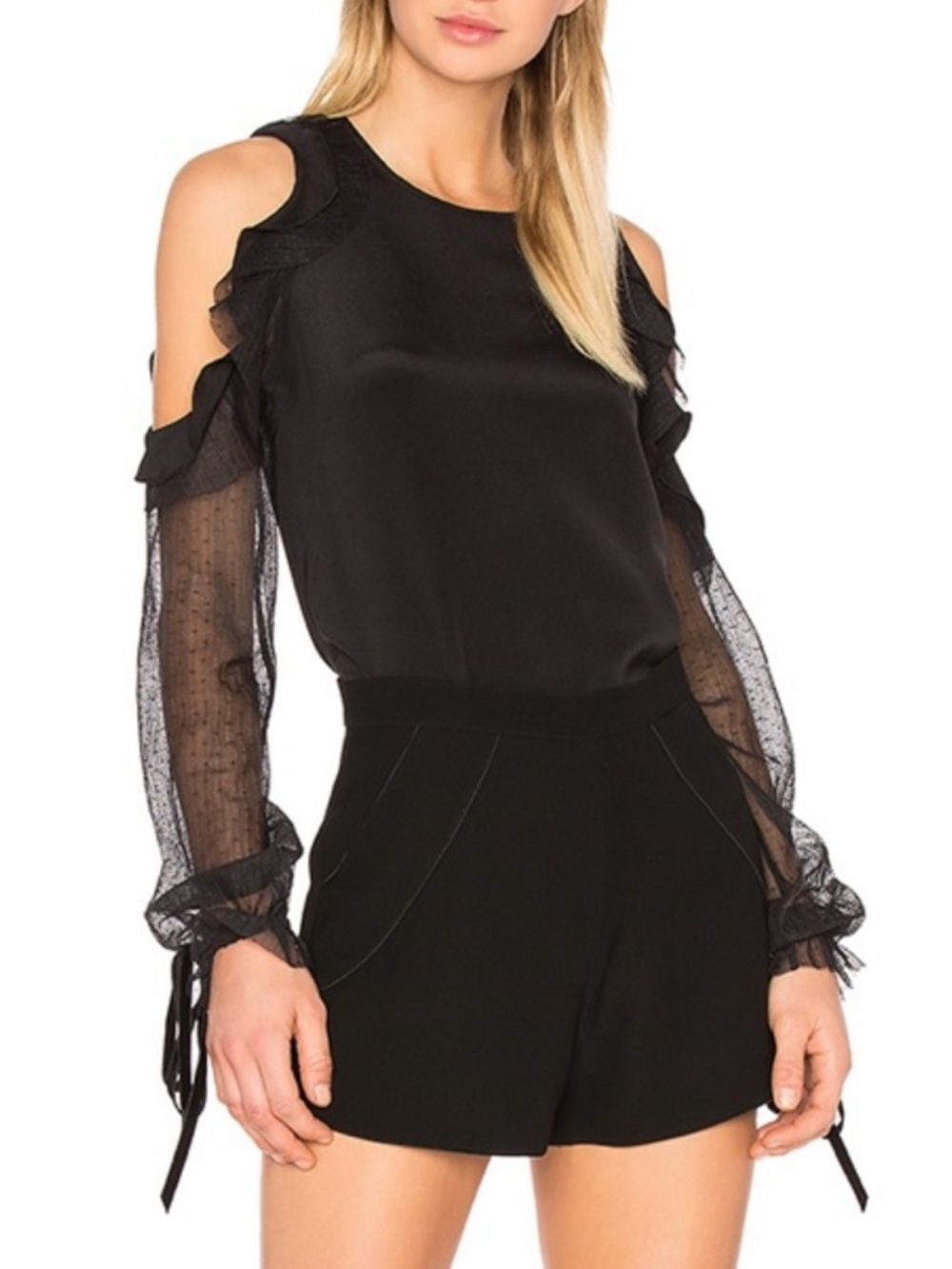 Alexis | Fernand Silk Cold-Shoulder Ruffle Sheer Sleeves Blouse